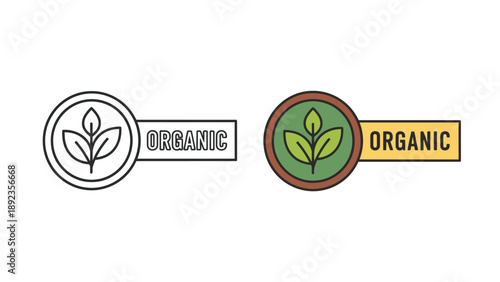 Collection of two organic product labels one in simple outline style and the other in full color showing a green sprout inside a circular badge next to a rectangular banner.