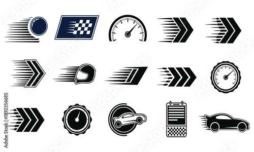 Collection Of Black Racing And Speed Related Icons And Symbols Keywords: racing, speed, icon, symbol, car, helmet, speedometer