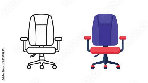 Set of two office swivel chairs one presented as a simple black line art icon and the other as a fully colored graphic illustration for workspace design
