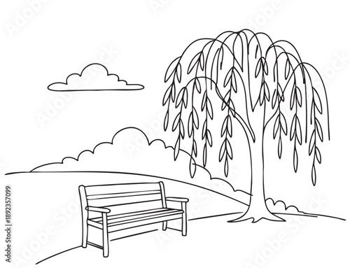 Early spring landscape. Sketch landscape willow at the end of the garden