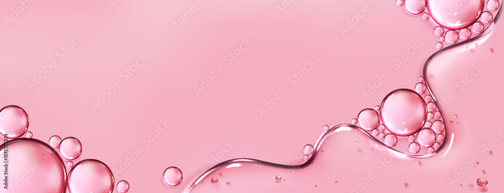 Fototapeta Transparent gel serum liquid texture with round drops and bubbles on pink background, realistic vector. Hyaluronic acid, collagen or skincare cosmetic essence. Abstract beauty product close up