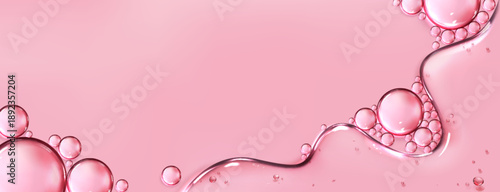 Transparent gel serum liquid texture with round drops and bubbles on pink background, realistic vector. Hyaluronic acid, collagen or skincare cosmetic essence. Abstract beauty product close up