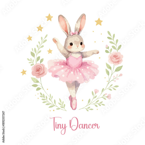 Ballet Bunny Dancing with Roses and Stars in Pink Tutu Illustration
