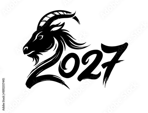 Stylized Goat Head with 2027 Zodiac Numerals Illustration