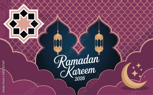 Ramadan kareem 2026 background with islamic greeting card design elements
