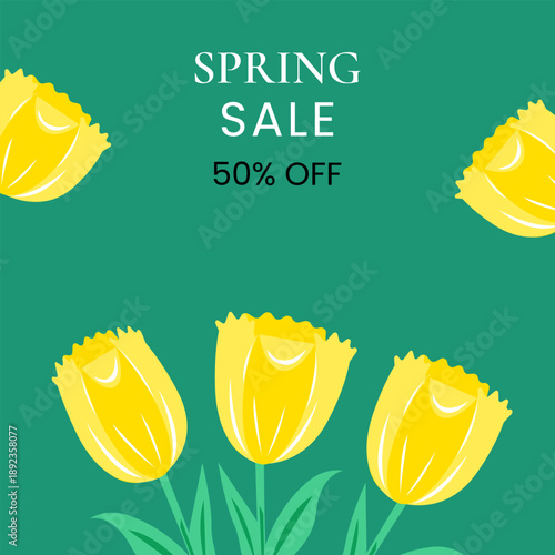 Spring sale banner design with yellow tulips, tulips banner, discount banner, 50% OFF, web banner, vector illustration. 