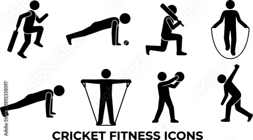 Cricket Fitness and Training Workout Icons Vector Set