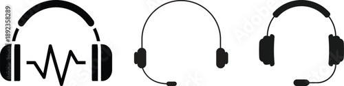 Customer support headset icons, call center operator symbols, technical support assistance graphics, communication service helpline silhouettes, customer service agent illustrations