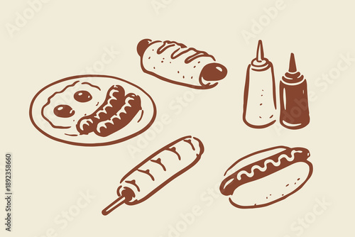 Sausage and hotdog fast food doodle vector illustration
