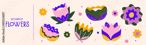 Set of abstract decorative flowers on beige background. Flat vector illustration with floral elements. Springtime holidays. Design for banner, greeting card, invitation, postcard, header.