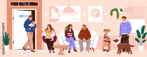 Owners with pets are waiting for appointment in vet clinic. People with animals queue in reception room of veterinary. Men and women with dogs, cats in line to veterinarian. Flat vector illustration