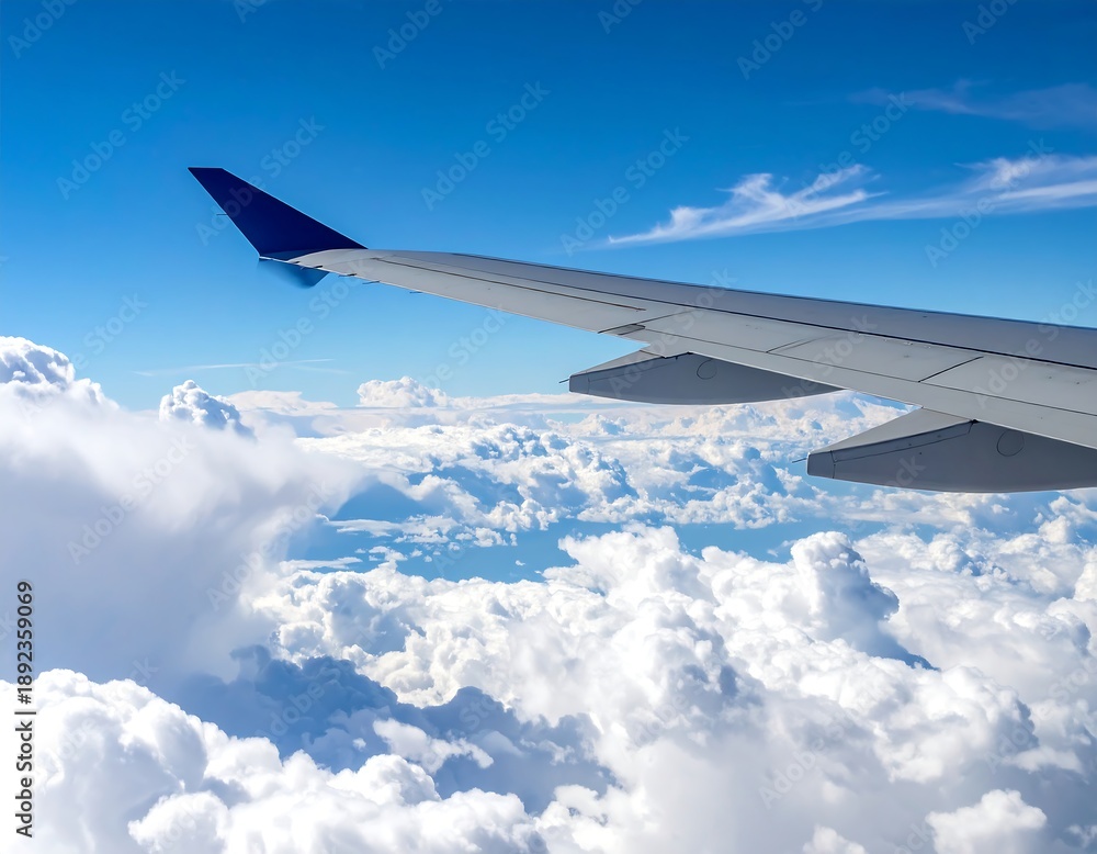Fototapeta premium Aerial view of an airplane wing soaring through clouds