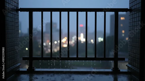 Rainy Night City View from Balcony Raindrops on Railing Wet Urban Scenery Apartment Building Architecture Exterior Gloomy Weather Bad Climate