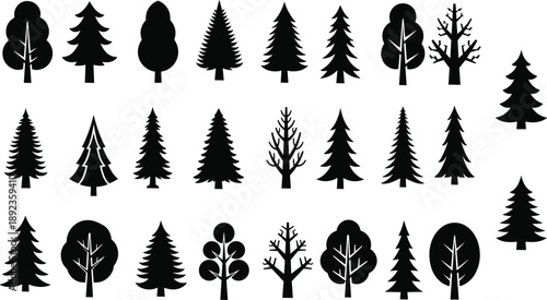 Set of black pine tree silhouettes, coniferous forest icons, minimalist evergreen plants and fir timber isolated on white background for architectural landscape design vector illustration