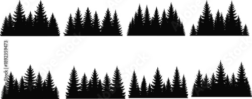 Set of black pine forest tree silhouettes, horizontal wood borders isolated on white, evergreen conifer wilderness landscape elements for nature and camping designs