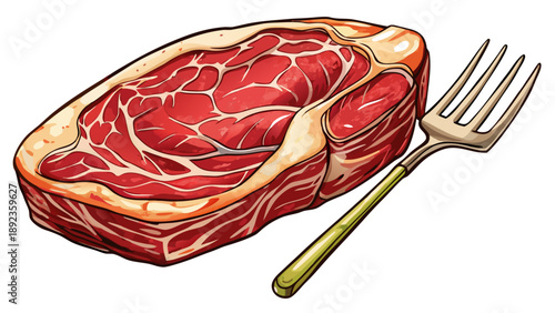 Very beautiful close-up of raw ribeye steak with seasoning and meat fork on dark background, highlighting intense marbling, rich color contrast, and professional culinary preparation. White background