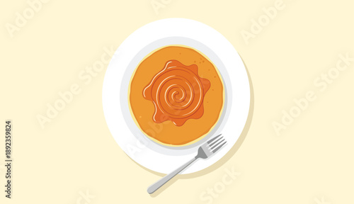 Delicious homemade pancake with syrup served on a white plate with a fork, Shrove Monday 2026