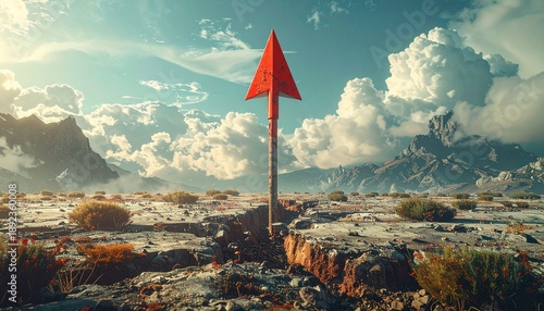 A red arrow pointing upwards stands tall on a rugged landscape with mountains and clouds in the background.