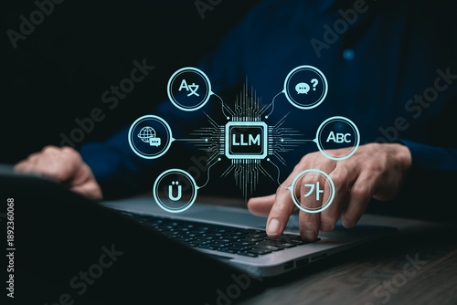 Multilingual large language model AI concept with LLM core, representing natural language processing, translation, generative AI, and intelligent communication technology for modern digital systems.