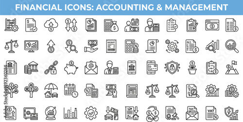 Accounting and Financial Management solid icon set. Includes symbols for Payroll, Profit and Loss, E-invoicing, and Budgeting. Solid vector icons for business tax, bookkeeping, and audit services