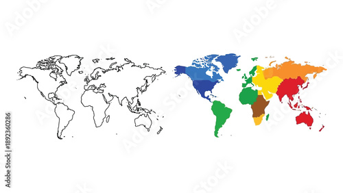 Side by side comparison showing a black and white outline world map contrasted with a separate multicolored political world map depicting continents grouped by distinct colors for visual reference