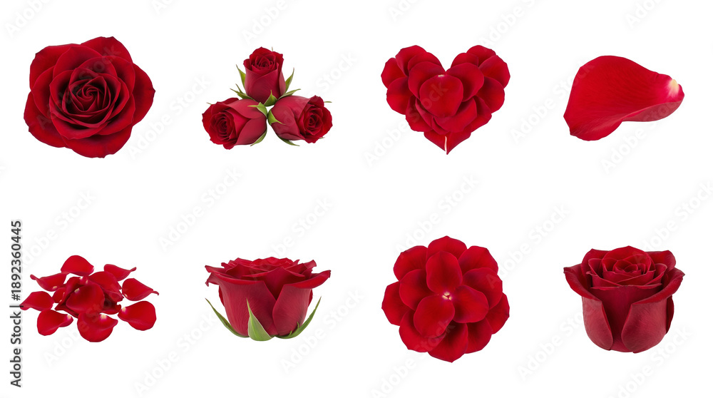 Fototapeta premium Red rose set including blooming buds, flower heads, heart shape, and scattered petals isolated. Floral collection for valentine and romantic themes.