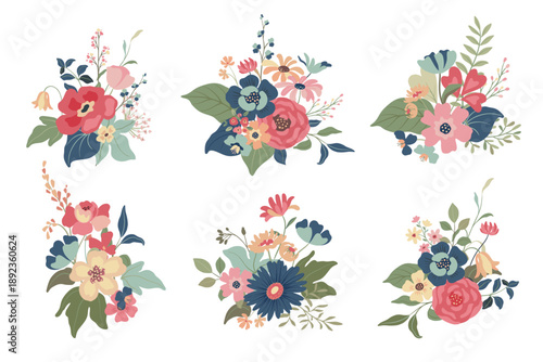 Collection of six vector compositions of colorful lowers. Elegant floral romantic bouquets.