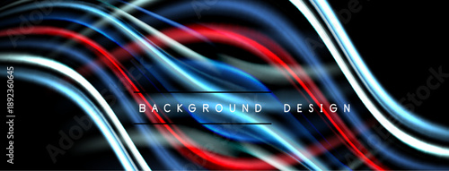 Abstract neon lines create dynamic flow. Vivid blues, reds, whites contrast against dark background. Modern design element.