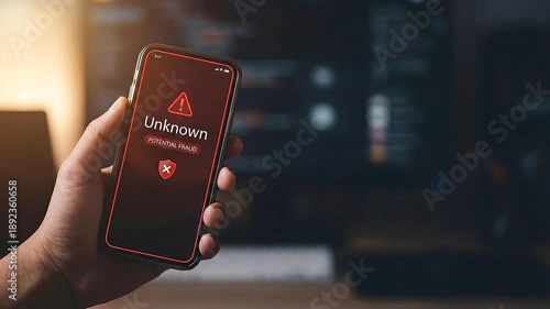 Warning Notification of Potential Fraud on a Smartphone Displaying Unknown Caller Alert
