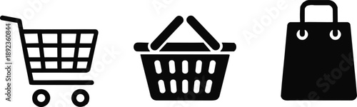 Shopping cart, basket, bag icon set. Black shopping cart icon shopping basket and shopping bag icons on white background.