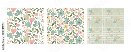 Set of three vector floral seamless patterns. A colorful endless pattern of flowers and plants. A Romantic collection