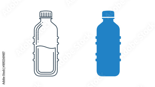 Two distinct visual representations of a plastic beverage container one an outlined icon showing partial fill level and the other a solid blue silhouette design element