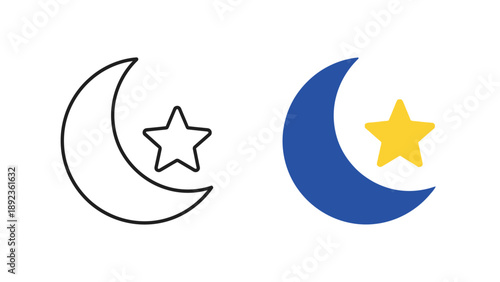 Simple vector illustration showcasing a contrast between a black line art and a filled blue icon featuring a crescent moon paired with a bright yellow star symbol