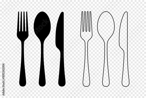 Set of kitchen accessories - spoon, fork, knife. Fork spoon and knife line icon, outline vector sign, linear style pictogram. Vector illustration