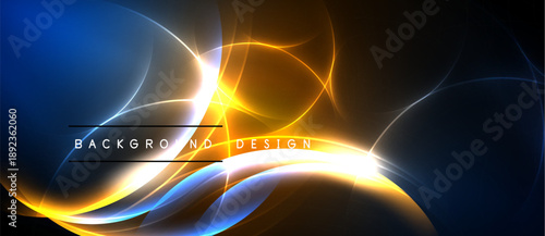 Abstract design features vibrant blue, orange, yellow light curves. Elegant flowing lines create dynamic visual effect. Dark background enhances luminosity.