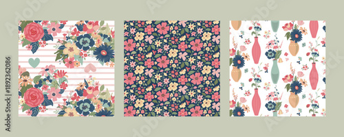 Set of three vector floral seamless patterns. A colorful endless pattern of flowers and plants. A Romantic collection