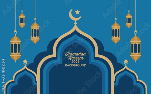 Ramadan kareem 2026 background with golden lanterns and islamic archway design