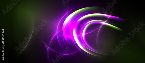 Abstract swirls, vibrant magenta, green hues dominate dark background. Elegant curves create dynamic energy, flowing lines suggest movement.