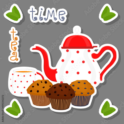 Teakettle for tasty tea with sweet dessert muffin