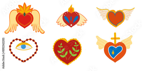 Sacred mexican heart, luxury corazon, graphic flat vector signs, valentine retro design