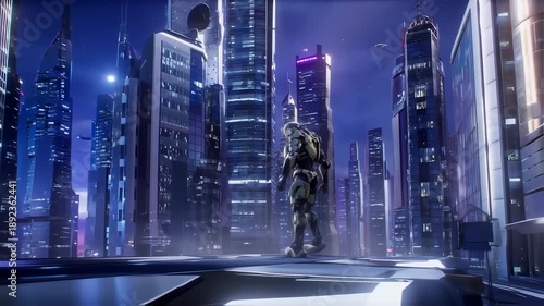 A futuristic cityscape at night with a lone humanoid figure overlooking the illuminated towers