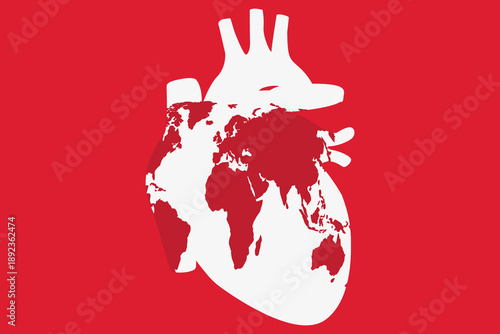 Artistic heart illustration merging anatomy and geography, representing international cooperation and cardiovascular care.