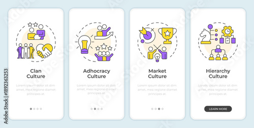 Types of organizational culture onboarding mobile app screen. Walkthrough 4 steps editable graphic instructions with linear concepts. UI, UX, GUI. Montserrat SemiBold, Regular fonts used