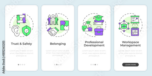 Positive work environment onboarding mobile app screen. Walkthrough 4 steps editable graphic instructions with linear concepts. UI, UX, GUI. Montserrat SemiBold, Regular fonts used