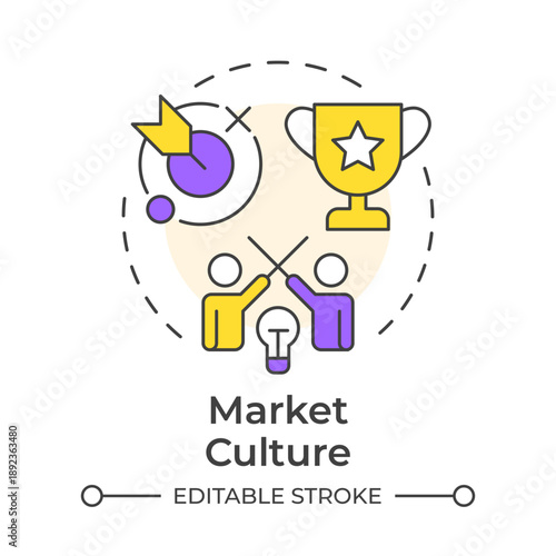 Market culture multi color concept icon. Teamwork achievement, workers competition. Corporate meeting. Round shape line illustration. Abstract idea. Graphic design. Easy to use in presentation