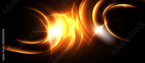 Bright orange energy flows, curves intersect. Intense light radiates from central points, dark background contrasts vividly. Abstract design.