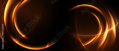 Abstract design features glowing orange circles, curves against dark background. Dramatic lighting creates dynamic visual effect.