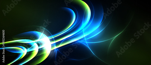 Abstract luminous curves flow across dark background. Bright green, blue hues create dynamic energy, visual impact.