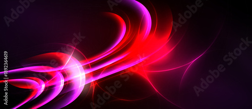 Abstract energy flows, vibrant pinks, reds against dark background. Dynamic curves suggest movement, light intensity varies.