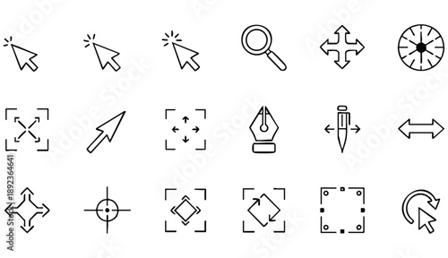Generate a minimalist, flat design illustration featuring a 4x4 grid of clean, black line art icons on a stark white background. The icons should represent various common digital interface elements su